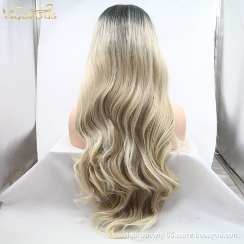 Vigorous ombre long premium high quality straight wholesale black women synthetic hair wigs with lace front